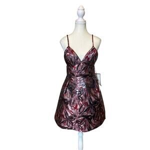 Laundry by Shelli Segal | Burgundy Floral Jacquard V Neck Fit & Flare Dress | 4